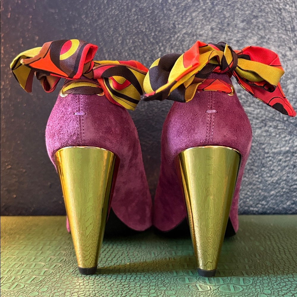 Pucci plum suede pumps with gold cap-toe and gold cone heel w/ Pucci scarf bow